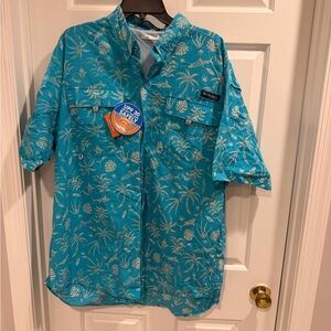 NWT Columbia PFG Men’s Super Bahama Turquoise Palm-Print UPF 30 Sz XL